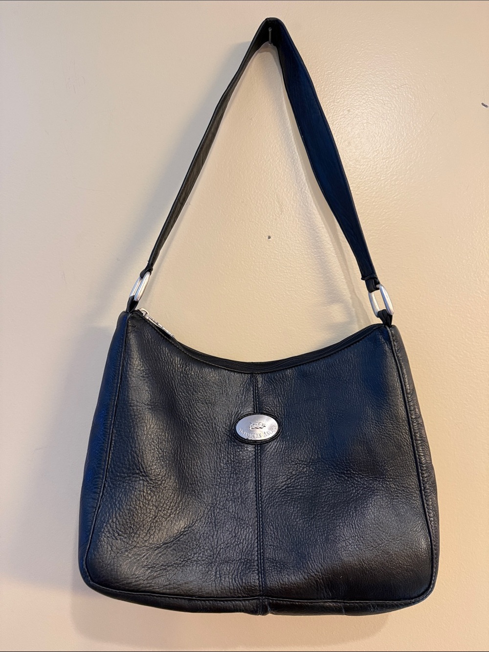 Black Leather Shoulder Bag made by American Angel with Silver Logo Plaque